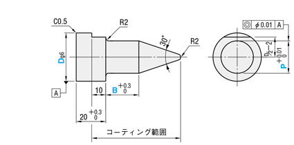 超ハイテン材用位置決めパイロットピン　小頭片付タイプ　TiCNコーティング 