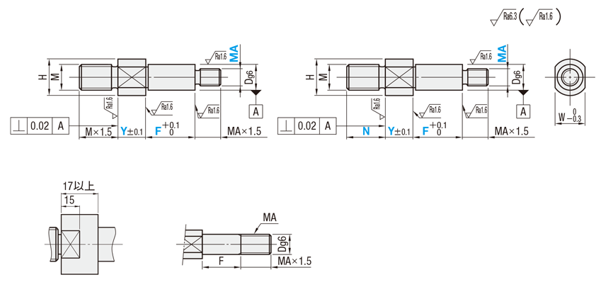片持ちピン　おねじ取付・おねじタイプ・標準タイプ　外形図関連画像