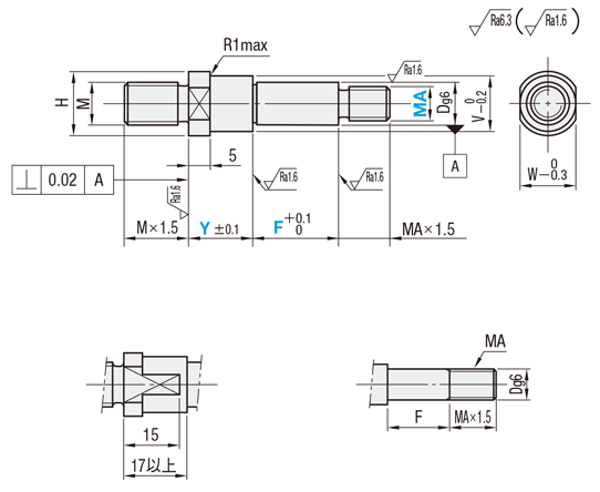 片持ちピン　おねじ取付・おねじタイプ・段付タイプ:関連画像