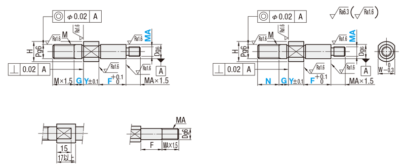 片持ちピン　インローおねじ取付・おねじタイプ・標準タイプ 外形図