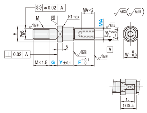 片持ちピン　インローおねじ取付・めねじタイプ・段付タイプ　外形図