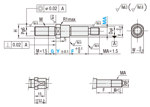 片持ちピン　インローおねじ取付・おねじタイプ・段付タイプ:外形図