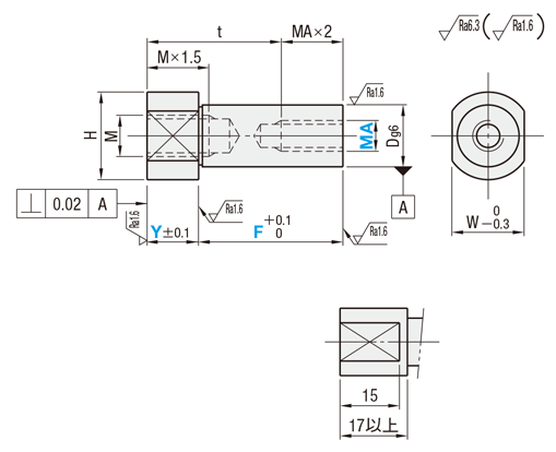 片持ちピン　ボルトマウント・めねじタイプ・標準タイプ　外形図