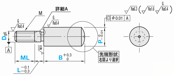 位置決めピン　先端形状選択タイプ　先端長さ指定　－おねじ－:関連画像