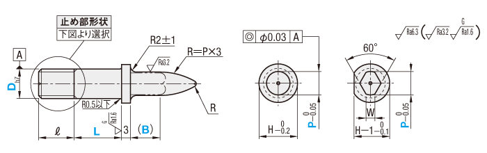 治具用位置決めピン　並級　砲弾形状　ツバ付タイプ:関連画像