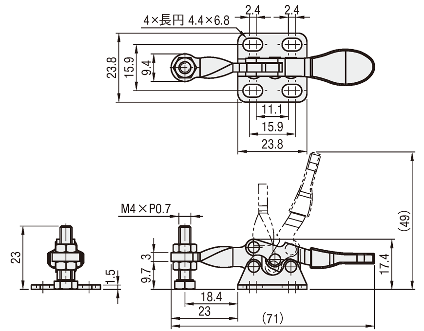 MC01-1 | トグルクランプ－横型－フランジベース－先端ボルト固定－締