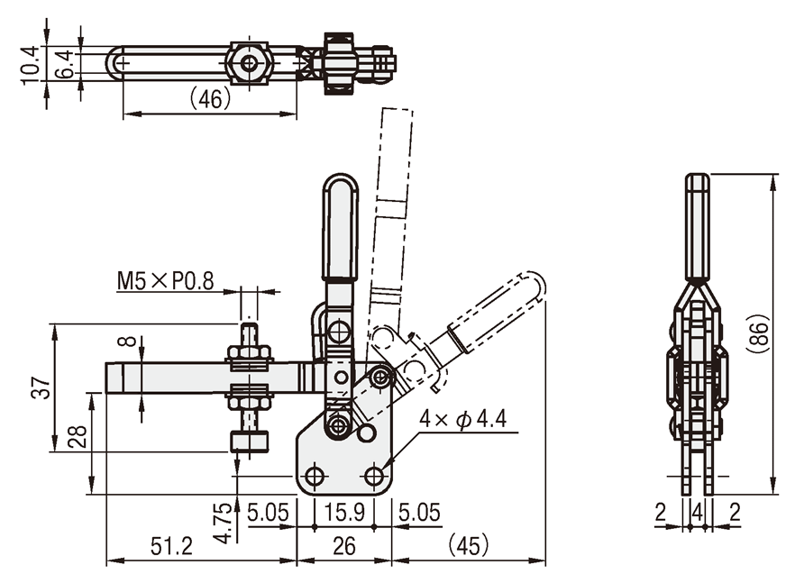 トグルクランプ－立型－ストレートベース－クランプボルト調整可能－締