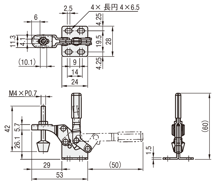 トグルクランプ－立型－フランジベース－クランプボルト調整可能－締