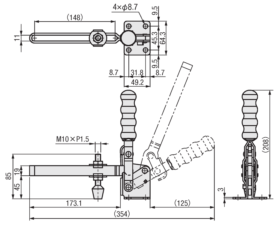 トグルクランプ－立型－フランジベース－クランプボルト調整可能－締 