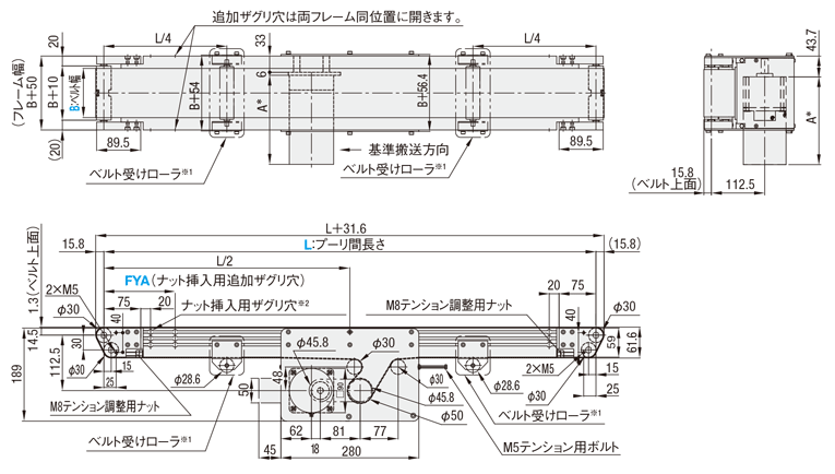 平ベルトコンベヤ 高出力タイプ 蛇行抑制桟付中間駆動３溝フレーム φ６０／３０ | ミスミ | MISUMI(ミスミ)