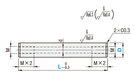 ミニュチュアボールガイト用シャフト　両軸端加工両端めねじパイプタイプ 外形図