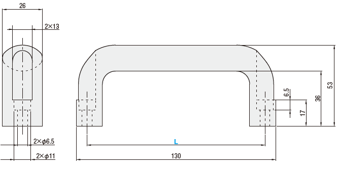 エコノミーシリーズ　アルミ取手 外付けタイプ バレル研磨　外形図