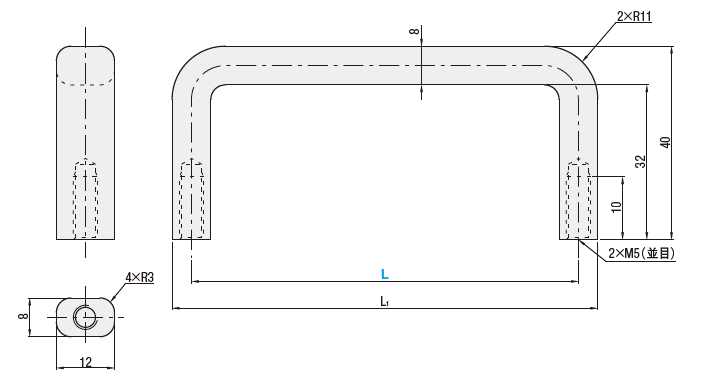エコノミーシリーズ　角棒取手　ステンレス　外形図