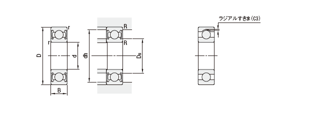 深溝玉軸受　非接触ゴムシール型C3すきま:外形図