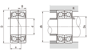 【エコノミーシリーズ】アンギュラ玉軸受　2列組合せDF(正面)型:外形図