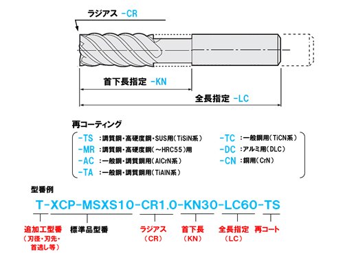 XCPシリーズ超硬ハイヘリカルエンドミル 高硬度鋼加工用/多刃/50゜ 