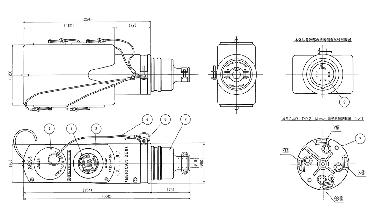 アメリカン電機 移動用分岐ボックス 引掛形・4ヶ口 接地形3P 20A 250V ゴムカバータイプ 圧着端子式 入力用コードコネクタボディ付属 PRZ-4-160 - 1