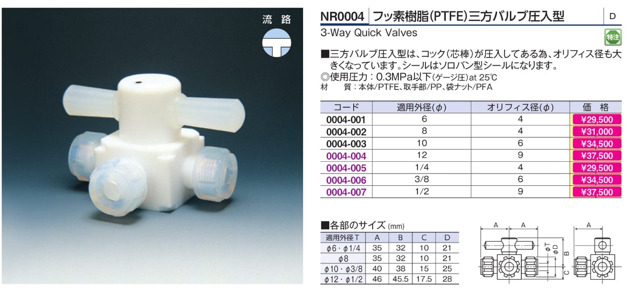 かわいい！ チューブ継手 株 フロンケミカル フッ素樹脂 ＰＴＦＥ 三方バルブ圧入型ベース付 １ ２パイ NR1328-007 1個 