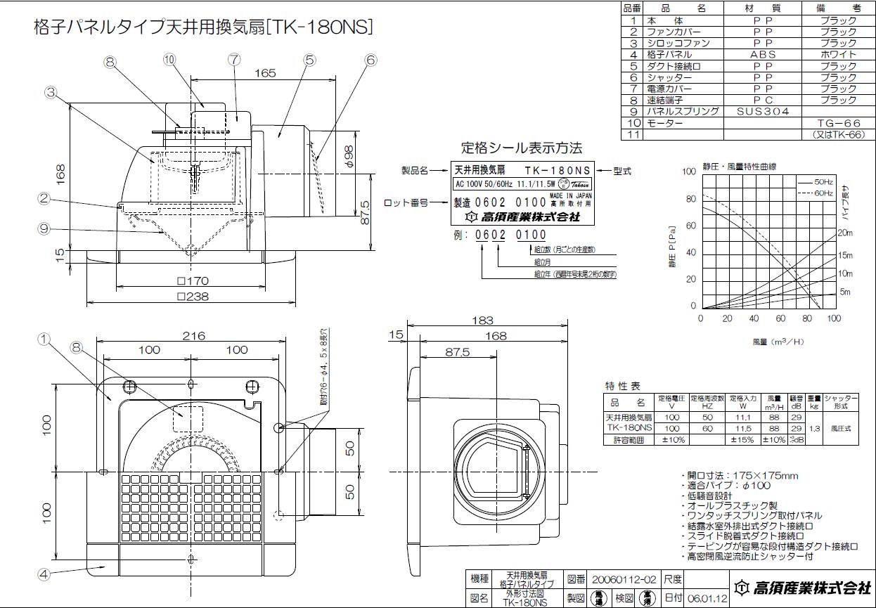天井用換気扇 TK-180／TK-181 | 高須産業 | MISUMI-VONA【ミスミ】