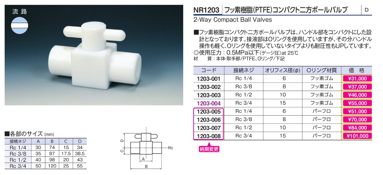 フロンケミカル フッ素樹脂(PTFE)二方バルブ接続8mm NR0028-002