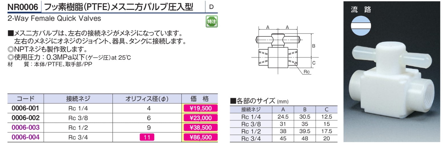 フロンケミカル フッ素樹脂(PTFE)四方バルブ圧入型 6φ NR0005-001 1点 通販