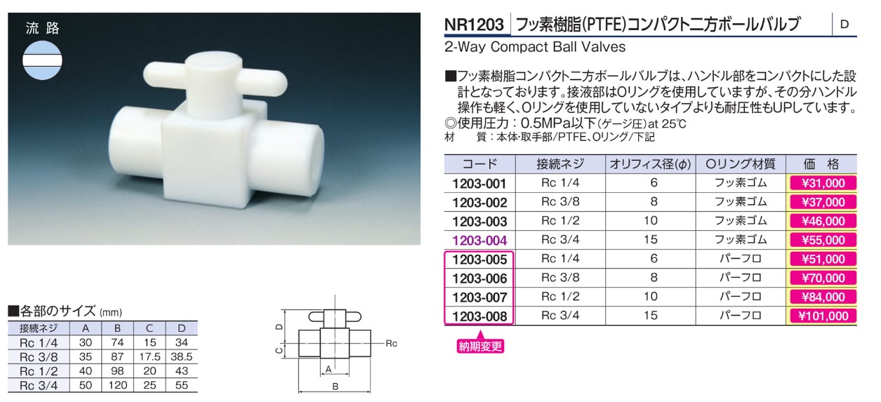 直営店 フロンケミカル PTFEコンパクト三方ボールバルブRC3 8フッ素ゴム NR1204-002