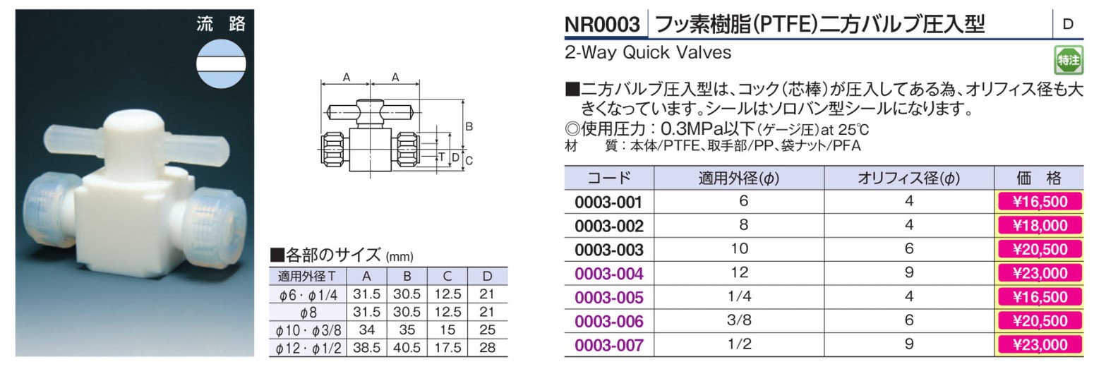 フロンケミカル フッ素樹脂(PTFE)二方バルブ接続8mm NR0028-002