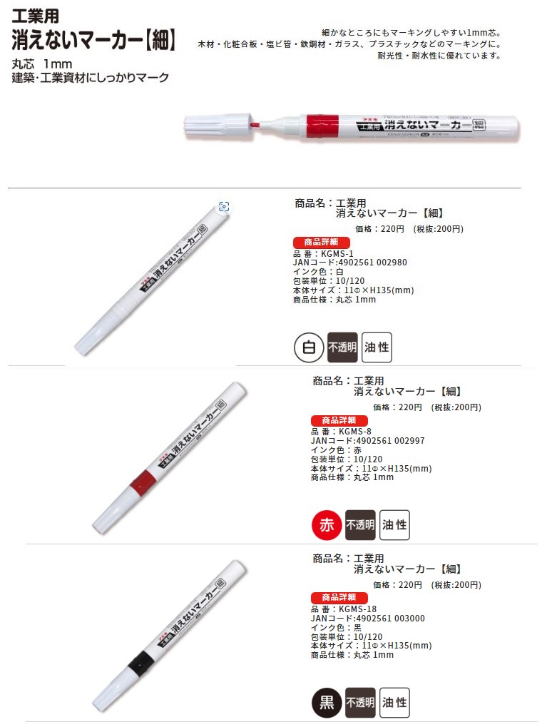 不易 消えないマーカー中字白 裸 KGM-1 4902561002737 [墨つけ 基準