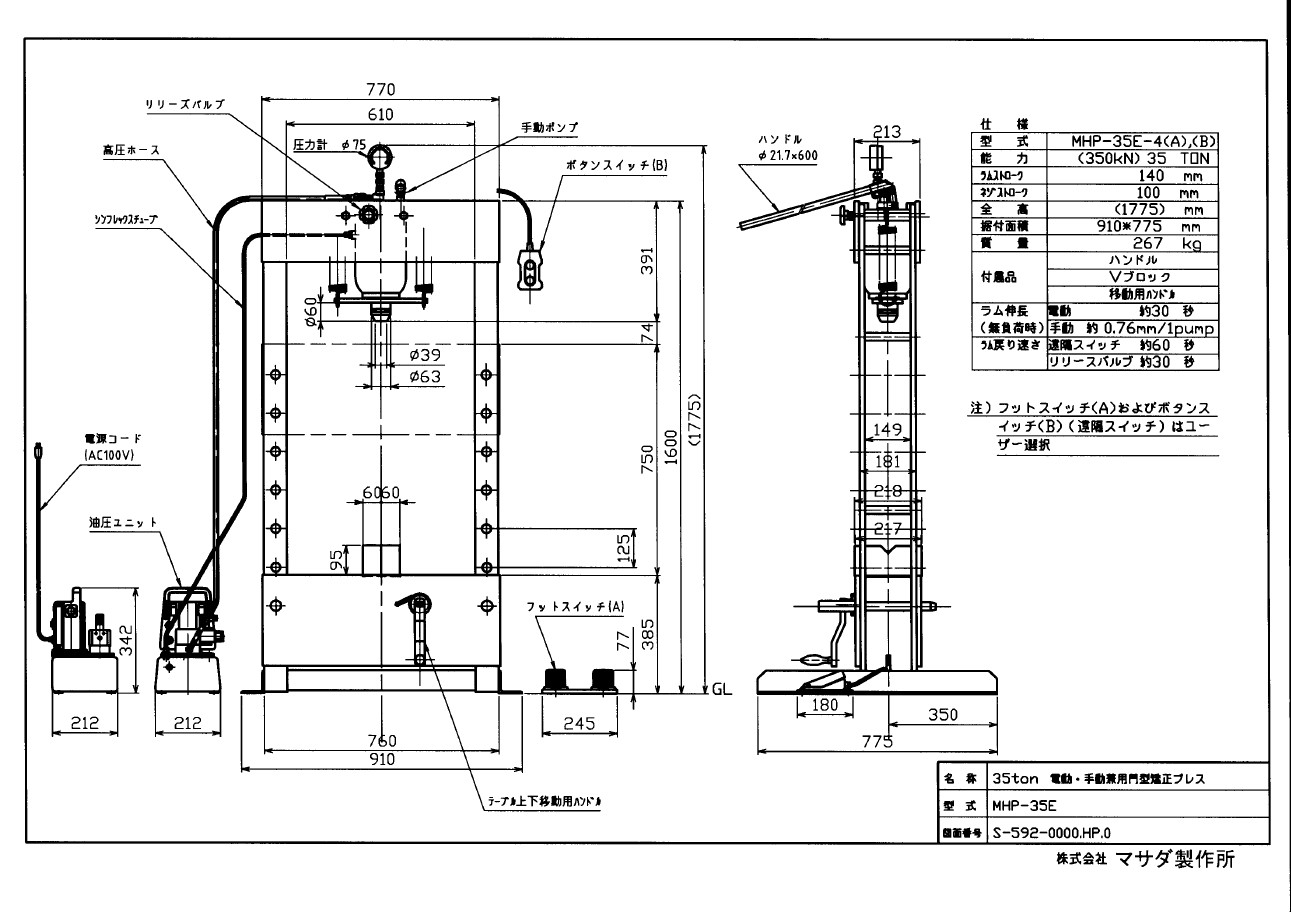 グランドセール マサダ製作所 MASADA 油圧プレス MHP-35E-4 B 電動 手動 2連式ボタンスイッチ