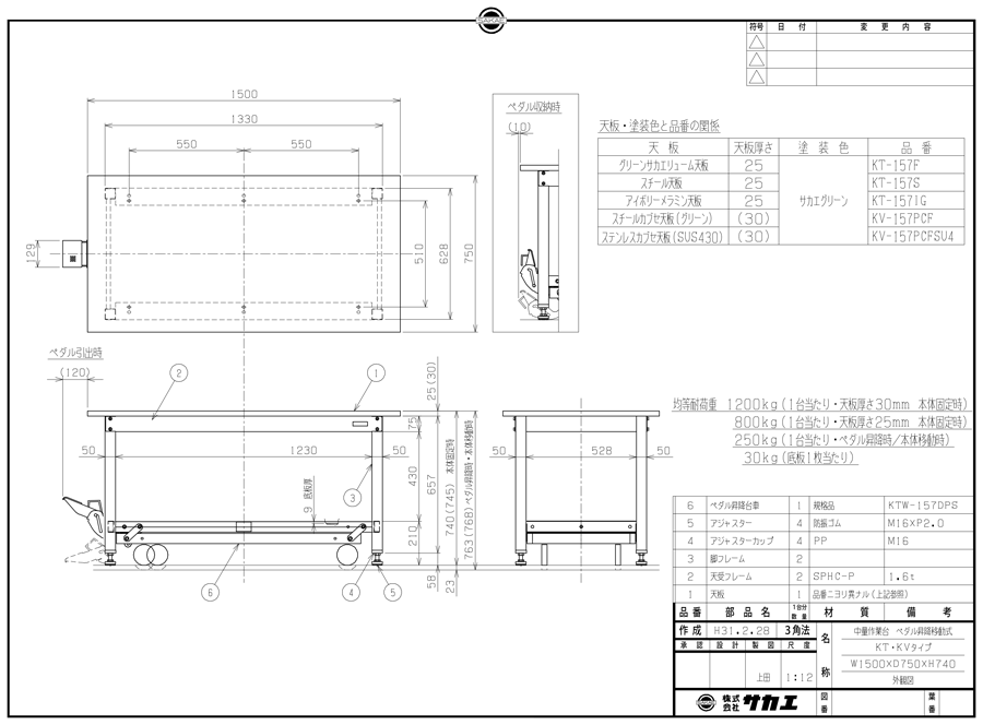 中量作業台KVタイプ・ペダル昇降移動式（カブセ天板仕様） | サカエ | MISUMI(ミスミ)
