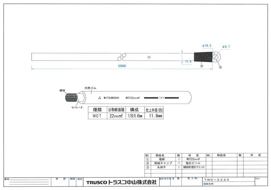 電気・工具 TRUSCO(トラスコ) キャブタイヤケーブル ホルダ丸端子付 10m TCT-3810KH - 1