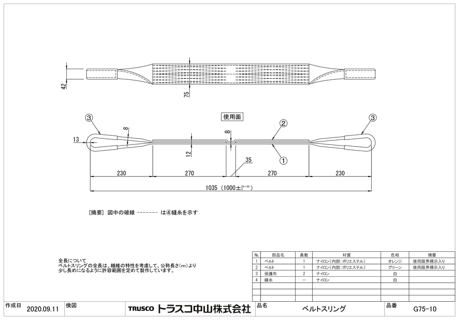 TRUSCO ベルトスリング G75-20 75mm×2.0m 両端アイ形 新品 - 通販
