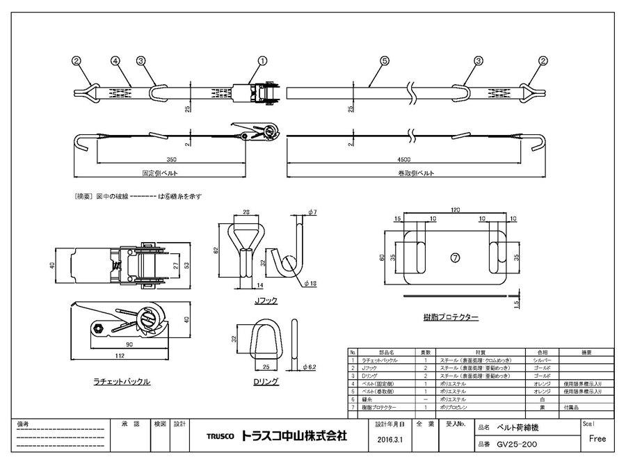 ＴＲＵＳＣＯ　ベルト荷締機　５０ｍｍ幅　８００ｋｇ　フラットフックタイプ　ＧＶ５０−８００Ｆ　１本 （メーカー直送） - 4