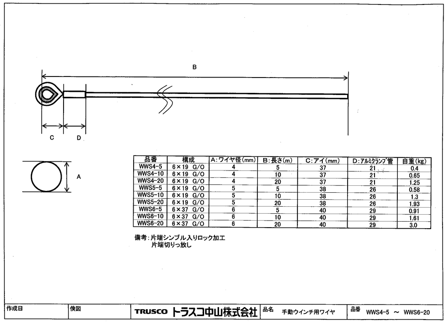 ＴＲＵＳＣＯ 手動ウインチ用ワイヤーΦ９×２０Ｍ用（シンブル入りロック加工） WWS9-20 1本 - 1