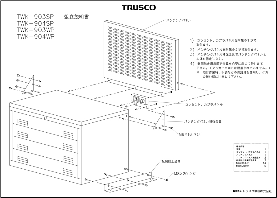 TRUSCO中山 (運賃見積り)(直送品)TRUSCO TWK型3ロックキャビネット 900X650 3段 パンチングパネル付 黒 TWK-903WP 