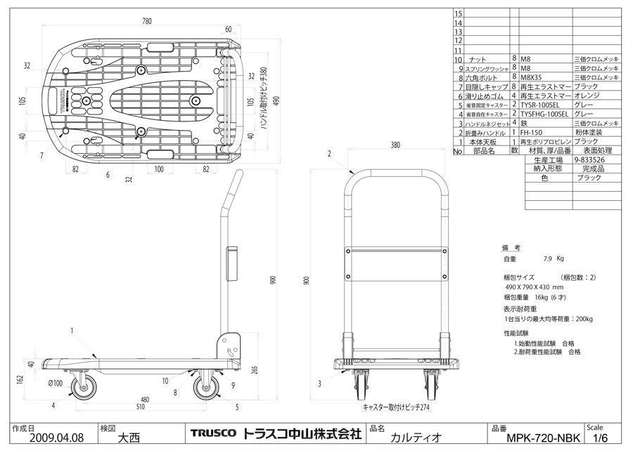 MPK-720-BK-SS | 軽量樹脂製運搬車 カルティオ （折りたたみハンドルタイプ） ストッパー付 ブラック | トラスコ中山 | ミスミ |  454-8311