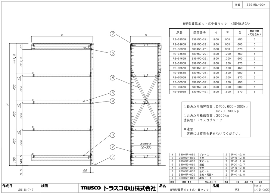 中量ボルト式棚 R3型 （300kgタイプ､高さ1800mm､5段タイプ） (R3-6655B)