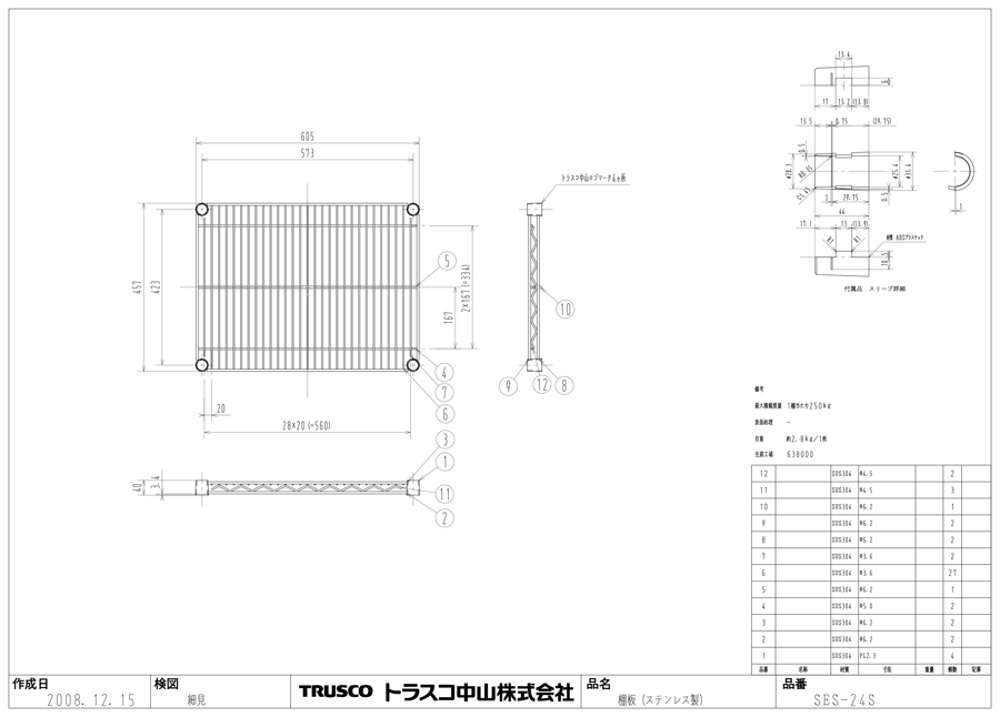 安い定番】 TRUSCO ステンレス製メッシュラック用棚板 602X305 SES23S