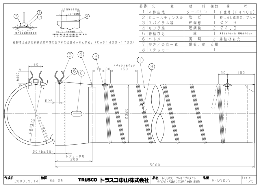 TRUSCO(トラスコ) フレキシブルダクト 帯電防止タイプ アース付 Φ320X長さ5m RFA320 - 5