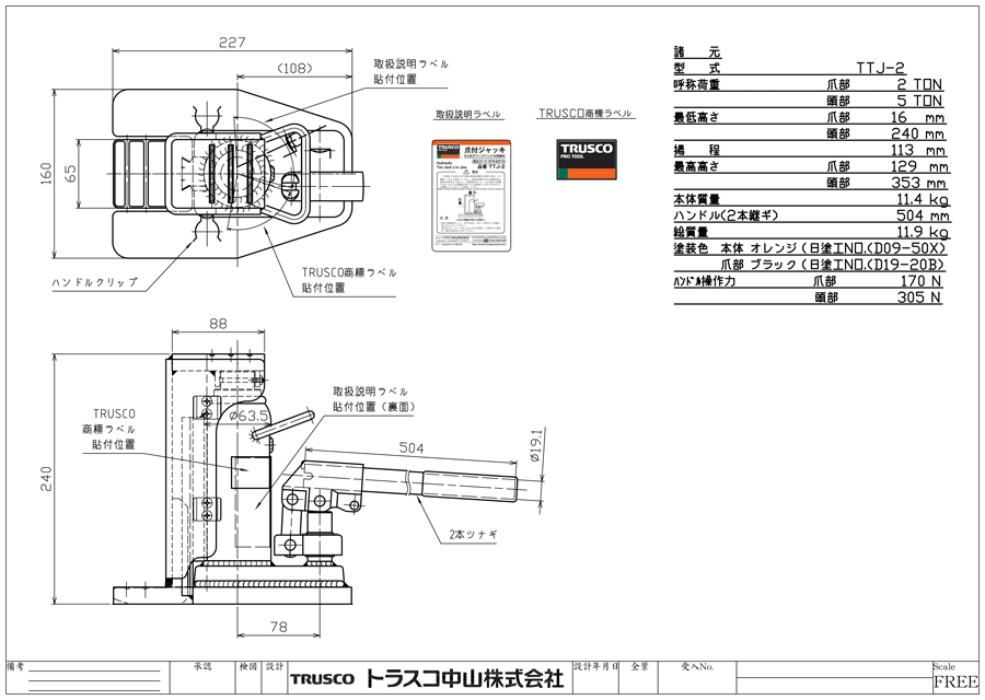 TRUSCO(トラスコ) 爪付きジャッキ ハンドル収納タイプ 1.2t TTJ-1.2