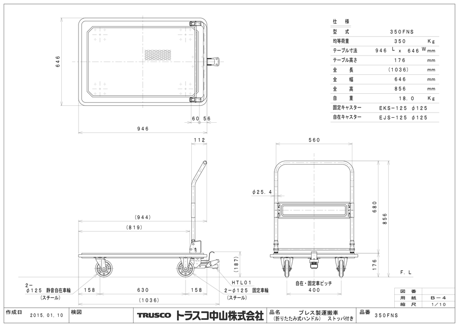 アイケー プレス製運搬車 折り畳みハンドルタイプ 均等荷重250kg 201 (株)石川製作所 - 3