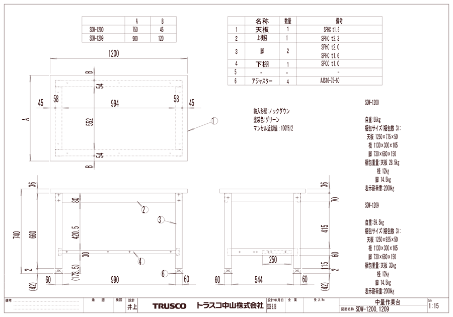 中量作業台（基本タイプ） SDW-1200図面