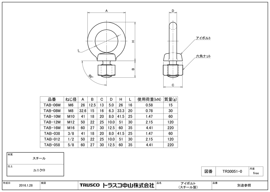 TRUSCO アイナット 1個 3 8 275-8164 TIN-038 スチール製 人気のファッションブランド！ スチール製