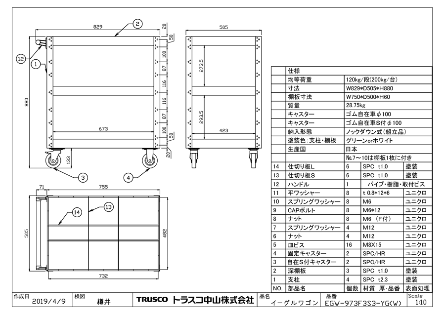 プロキュアエースTRUSCO イーグル バーディワゴン用棚板 R色 EGW-S64FT-R 600X400 1枚 144-6716 深型