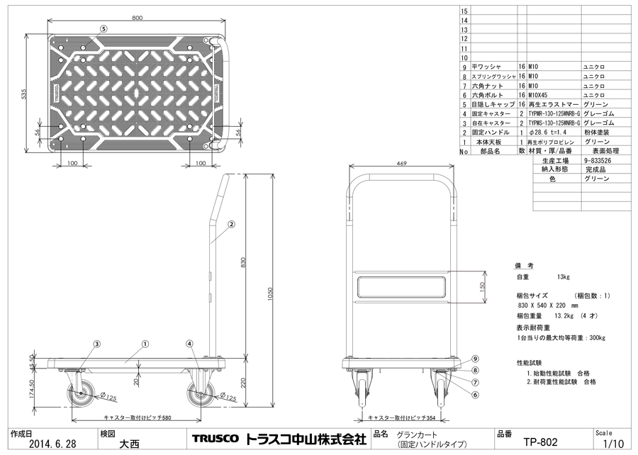 定番の中古商品 TRUSCO トラスコ中山 樹脂台車 グランカート 固定 800X535 ストッパー付 TP-802S