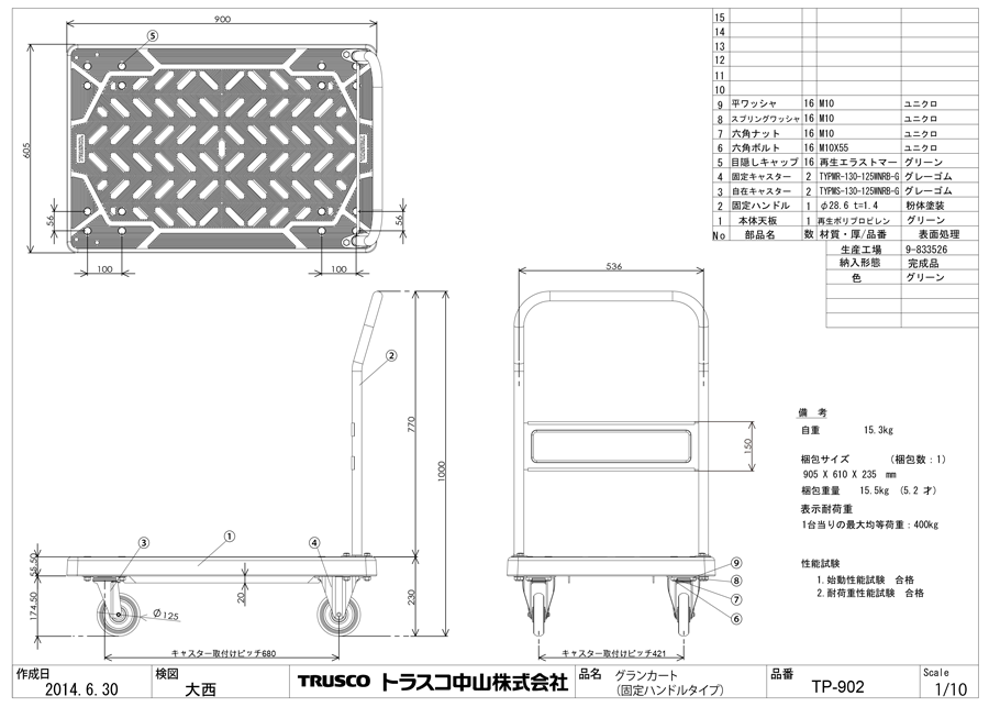 絶品 ブルースタイル  店TRUSCO グランカート 固定 900×605mm TP-902 1台 組立品