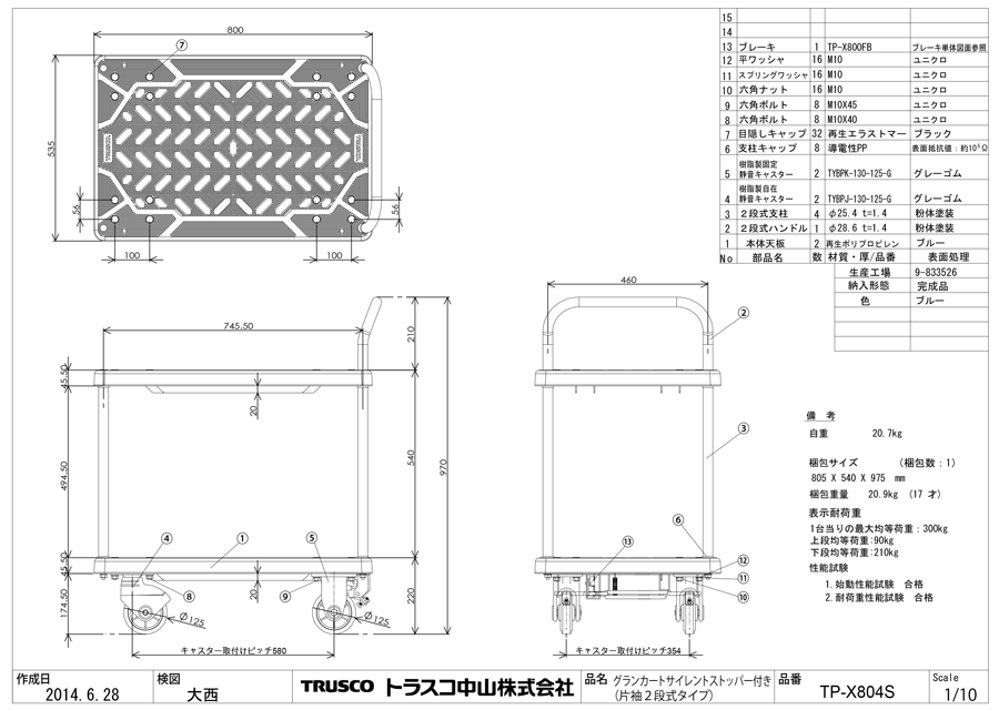 TRUSCO中山 TRUSCO(トラスコ) 樹脂台車 グランカート サイレント 固定 ８００Ｘ５３５ （1台） TP-X802 