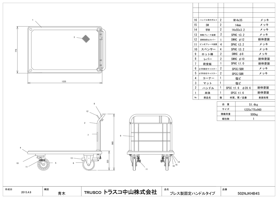 プレス製運搬車 ドンキーカート （ハンド式 ピン式4輪ストッパー付） 固定ハンドルタイプ トラスコ中山 MISUMI(ミスミ)