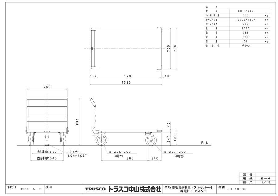 日本 TRUSCO 鋼鉄製運搬車 導電性 1400X750 GN SH1LNEGN 4647831 法人 事業所限定 直送元 
