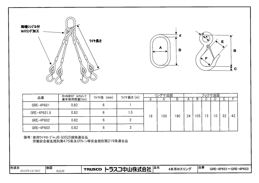 GRE-4P-12S2 玉掛けワイヤロープスリング Wスリング （4本吊りタイプ・フック付き） トラスコ中山 ミスミ 819-1733